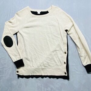 J Crew Sweater Womens Medium Beige Black Elbow Patch Side Button Knit Pullover